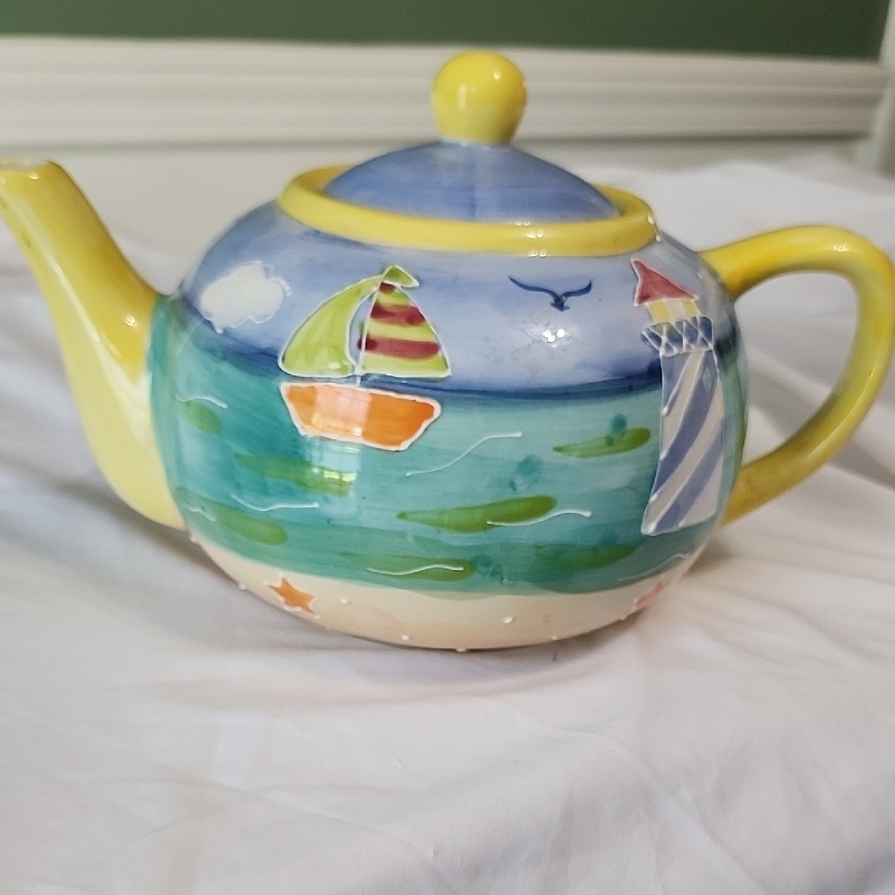Vibrant Yellow and Blue Ceramic Art Teapot - Picture 4 of 11